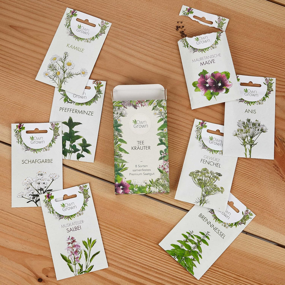Tea seed set: 8 varieties of seeds for balcony and garden - mint, chamomile, anise, nettle, mallow - plant seeds - tea - tea box - OwnGrown plants