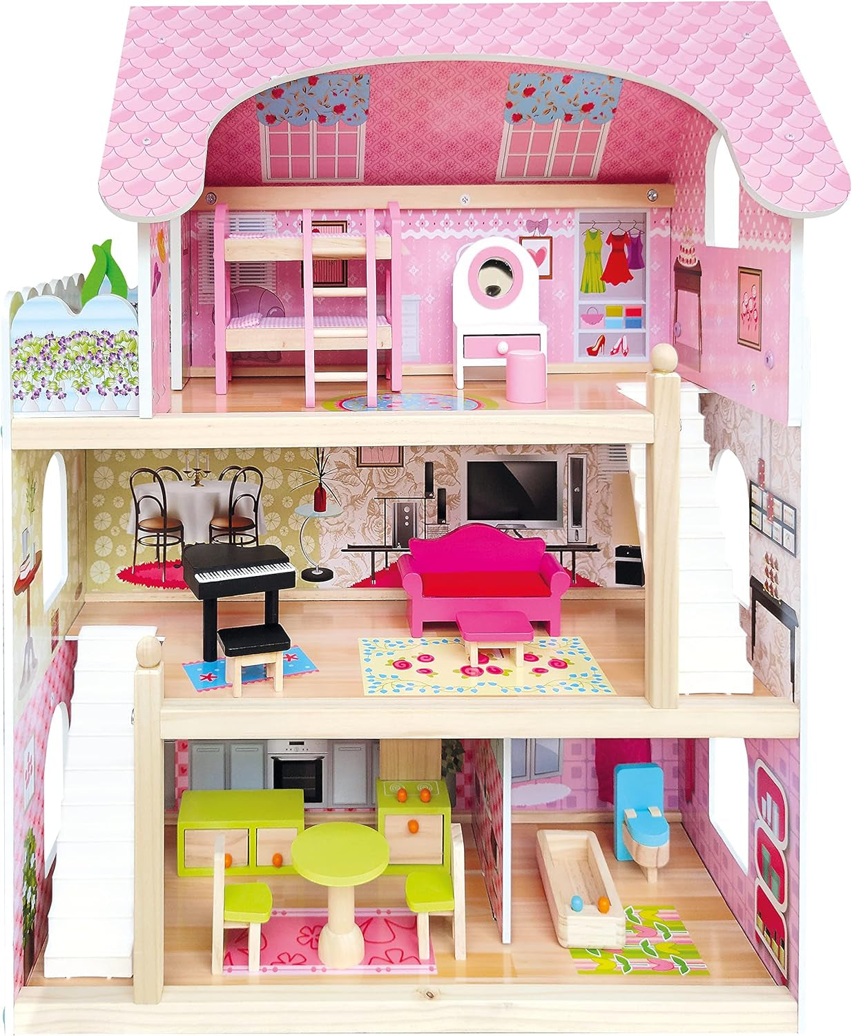 Bino World of Toys Dollhouse with balcony, Toy for toddlers from 3 years old, with 3 floors, stairs, 4 rooms and balcony incl. 15-TLG. Accessories, To promote children's skills, Pink design Dollhouses Naty Shop Default title