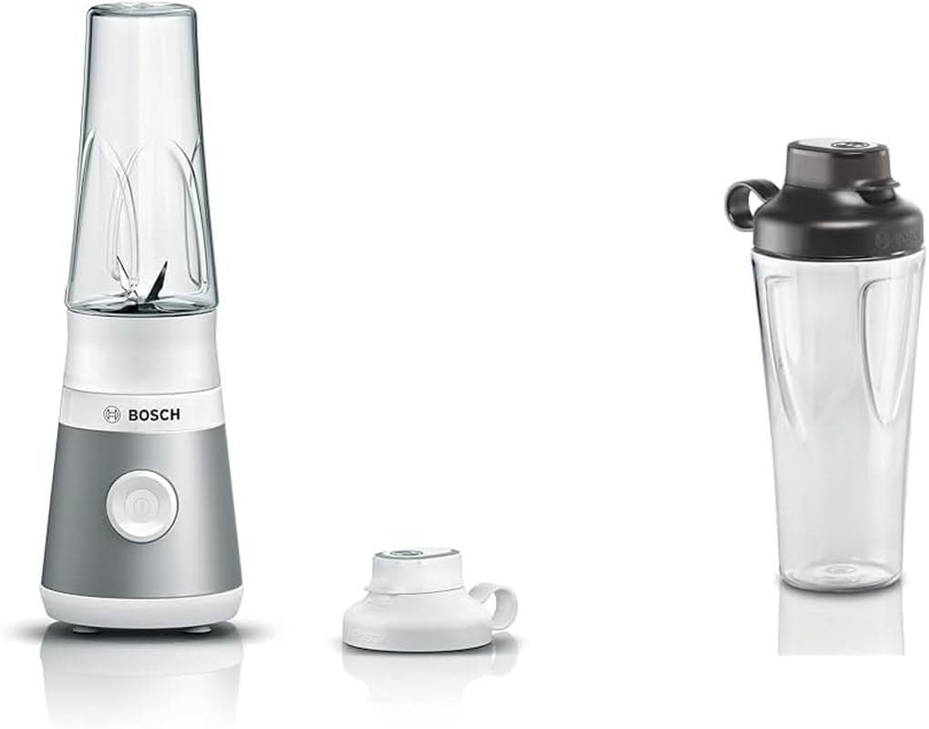 Bosch Mini-Standmixer Vitapower Serie 2 MMB2111S, Highspeed-Mixer, Bis Zu 40,000 Rpm, Tritan Togo-Flasche 0.6 L, Trinkdeckel, Bruchsicher, Spülmasch.Geeignete Teile, 450W, Silber/Schwarz Kitchen Naty Shop Bundle Mit Togo-Flasche Silber / Weiß