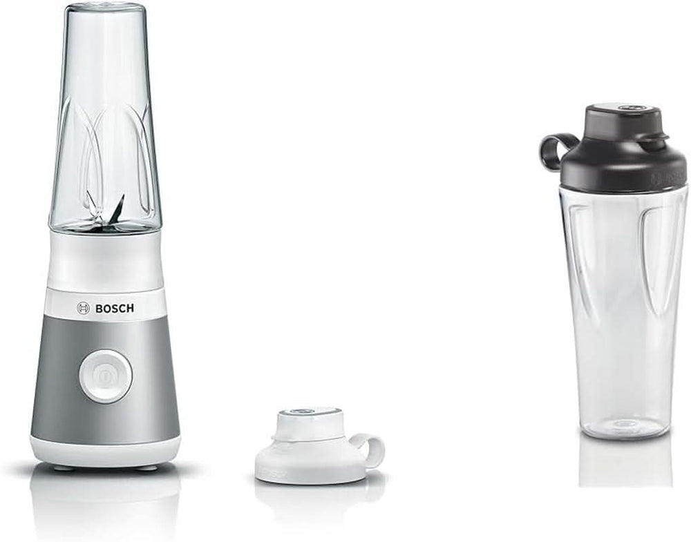 Bosch Mini-Standmixer Vitapower Serie 2 MMB2111S, Highspeed-Mixer, Bis Zu 40,000 Rpm, Tritan Togo-Flasche 0.6 L, Trinkdeckel, Bruchsicher, Spülmasch.Geeignete Teile, 450W, Silber/Schwarz Kitchen Naty Shop Bundle Mit Togo-Flasche Silber / Weiß