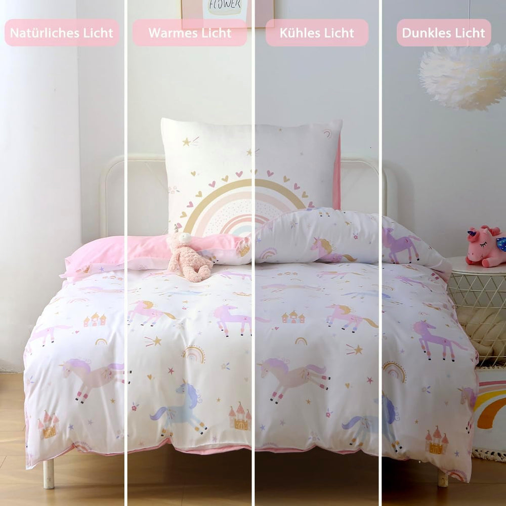 Fekohipy Bettwäsche 135X200 Mädchen Einhorn Kinderbettwäsche Rosa 3D-Druck Mikrofaser Regenbogen Kinder Bettbezug Mit Zwißwerfer Und 1 Kissenbezug 80X80Cm 2-Teilige Kinderbettwäsche-Set Naty Shop
