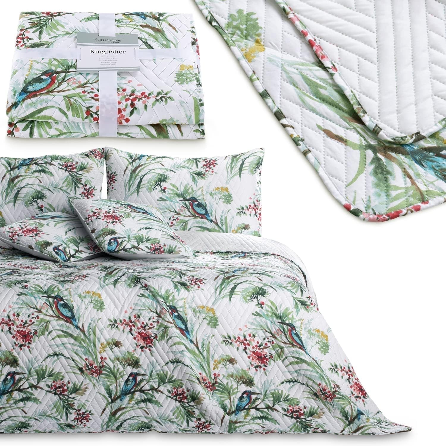 Ameliahome Bedspread Bedspread 260X280 Cm Double Sided Easy Care Quilting Plant Pattern Bird Pattern Multicolor Kingfisher Beds and Blankets Besuche den AmeliaHome-Store