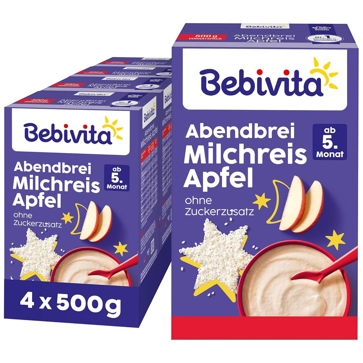 Rice pudding with apples and evening porridge (4x500g), milk porridge from 5 months, with valuable minerals and vitamins, no added sugar, very filling
