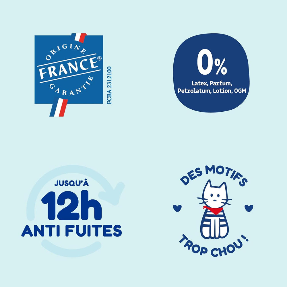 - Diapers size 4+ (9-20 kg) - healthy and highly absorbent - 12 hour leak proof - no unwanted substances - made in France - affordable price - 126 disposable diapers