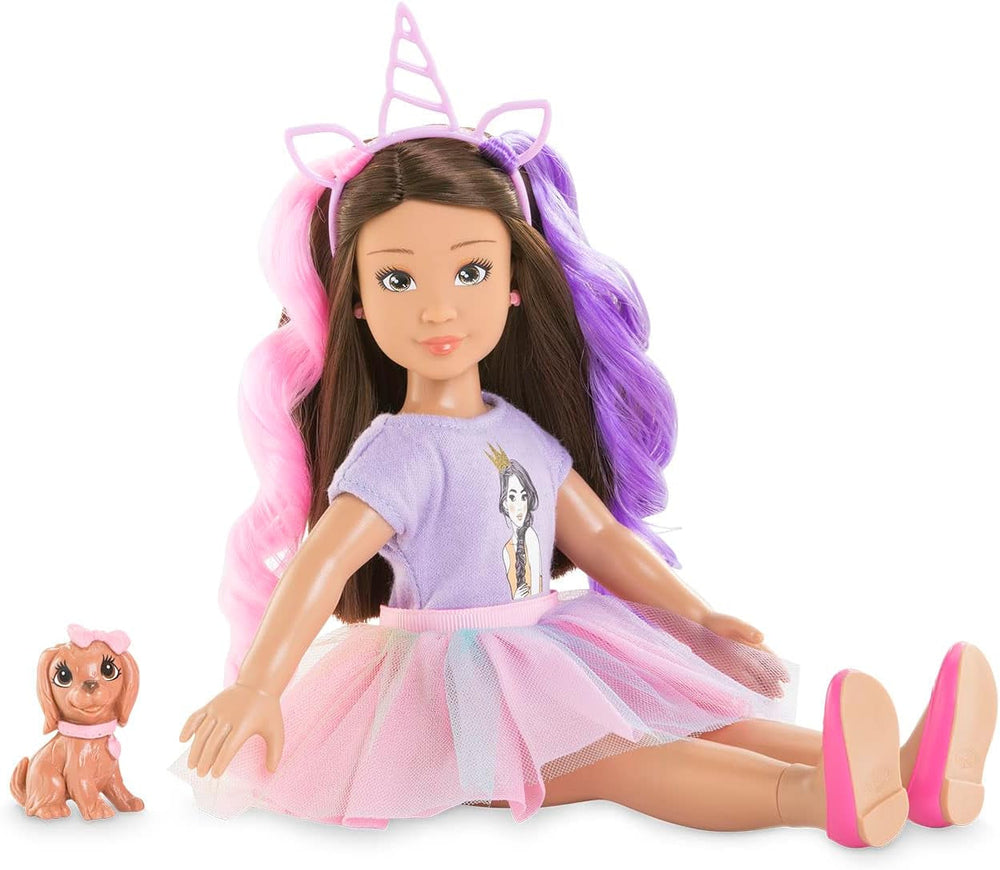 Corolle 9000600030 - Girls Luna Einhorn Set, Ankleidepuppe im Sommeroutfit mit Hund, mit Haarband, Ohrringe und extra Gummistiefel, 28cm Spielpuppe mit Vanilleduft, ab 4 Jahren