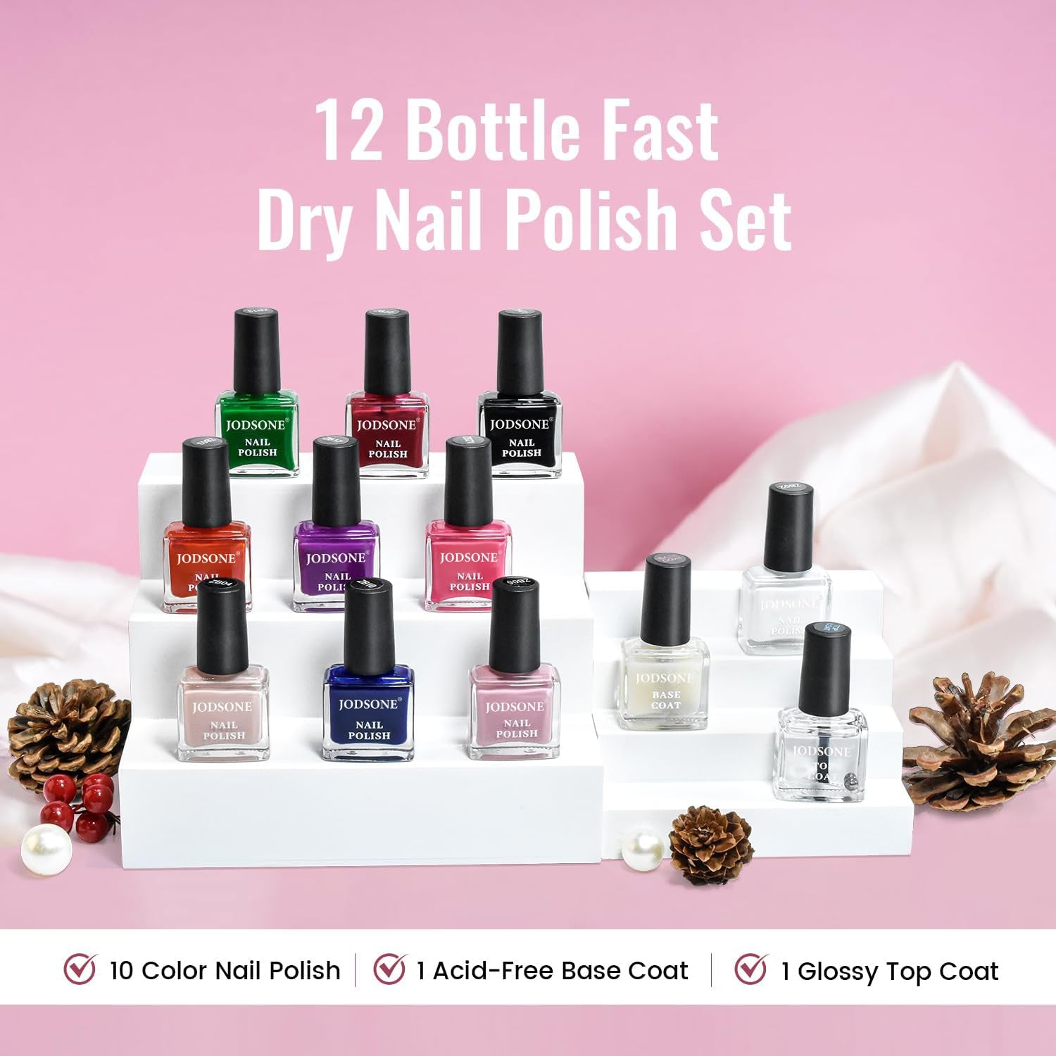 JODSONE 12 Piece Nail Polish Set 10 Colors Combination 2 Base Coats and Top Coat Quick Dry Nail Polish for Amateurs and Beginners
