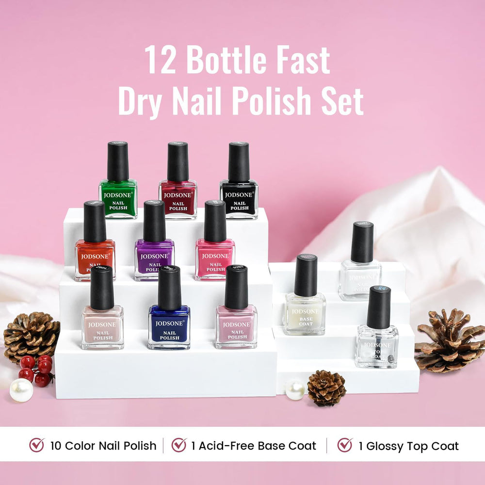 JODSONE 12 Piece Nail Polish Set 10 Colors Combination 2 Base Coats and Top Coat Quick Dry Nail Polish for Amateurs and Beginners