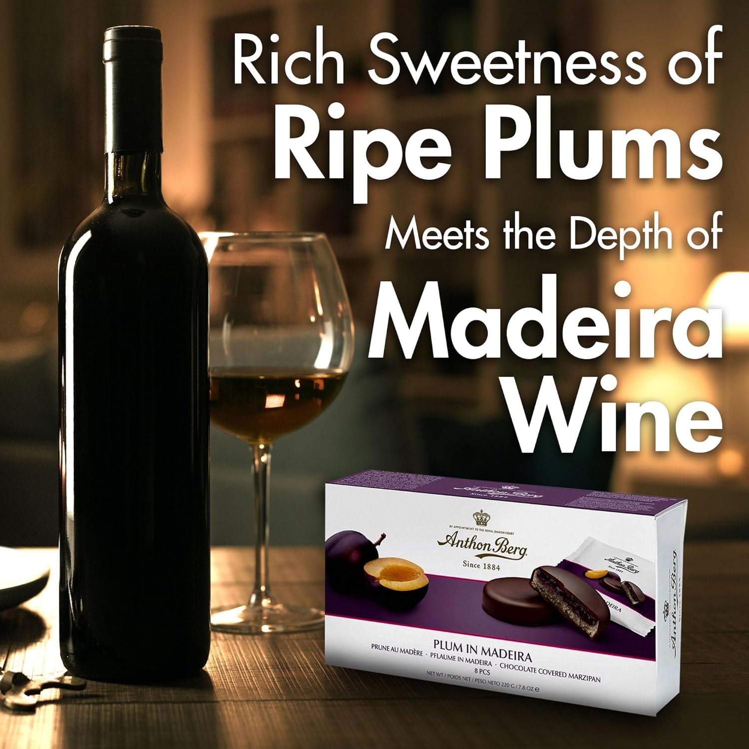 Plum in Madeira – 220g – Marzipan specialty with fruit and alcohol – 8 dark chocolate coins with plum jelly and Madeira wine – Gift idea