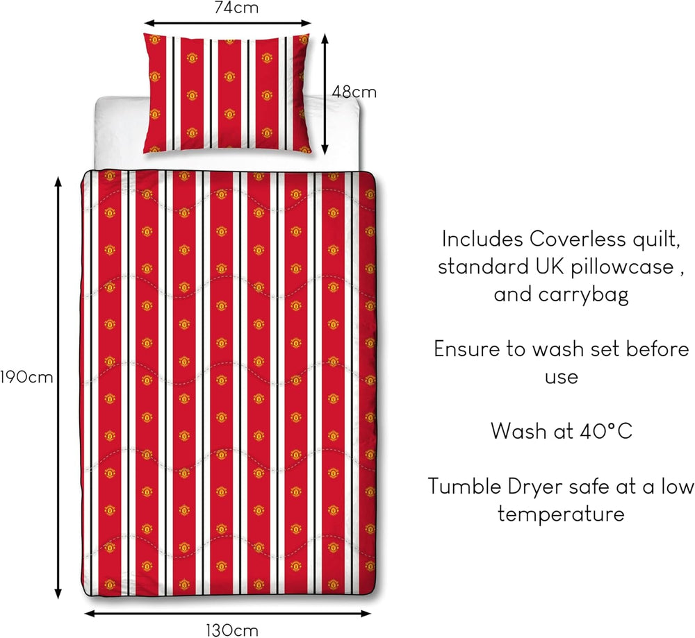 Manchester United FC Official Single Duvet, Reversible, Red & White, Coverless, Football Quilt, Pillowcase, Washable, Perfect for Travel, Overnight Stays, 10.5 Tog Duvets and Quilts Naty Shop