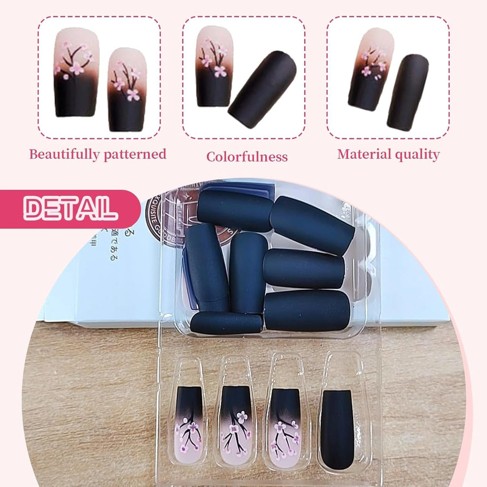 24 de bucăți de unghii French Press negre de toamnă, unghii lungi cu flori roz, unghii artificiale pentru lipit, set de unghii artificiale de toamnă cu accesorii