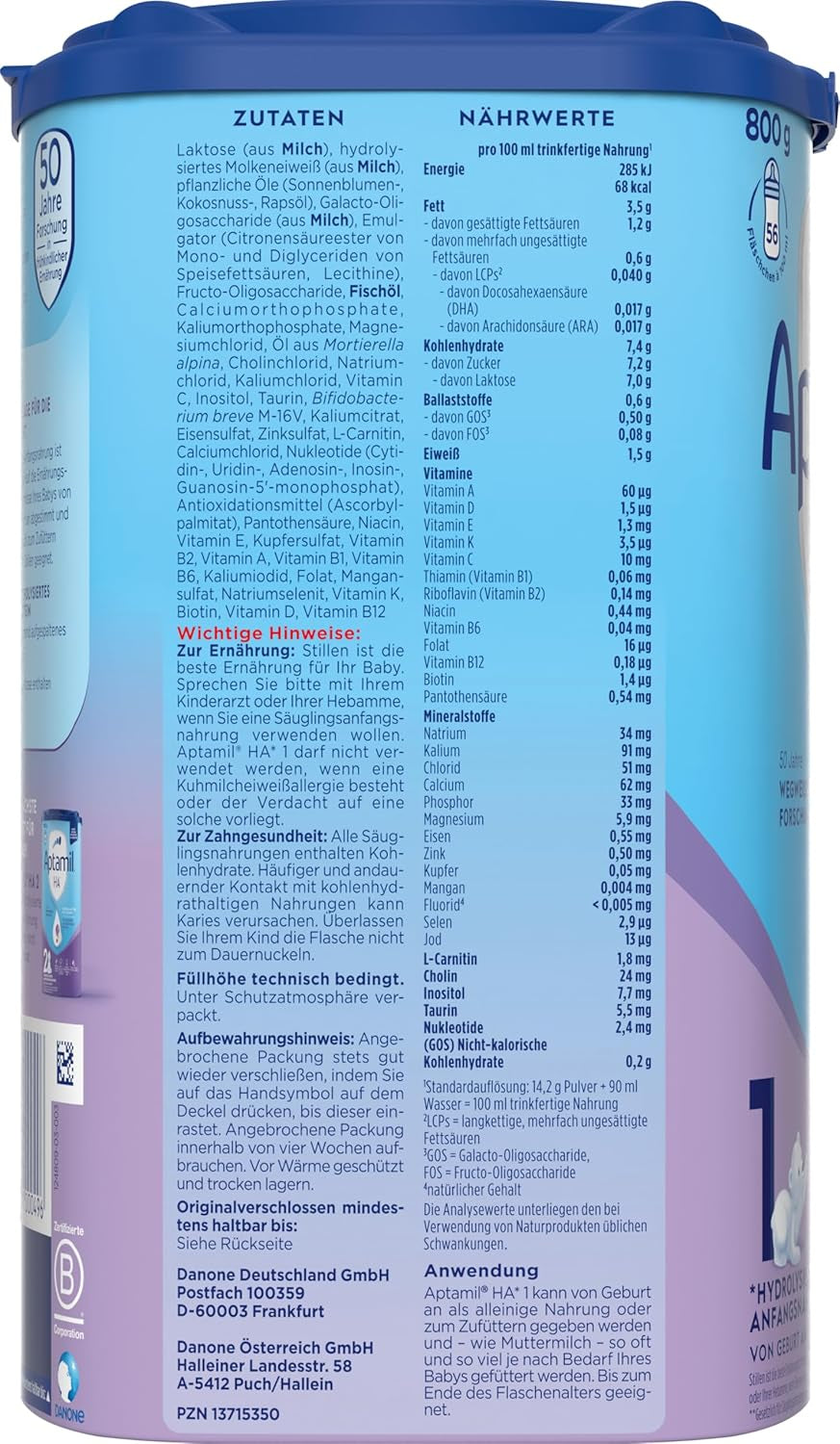 Aptamil HA 1 - Infant formula from birth, with DHA, lactose free, palm oil free, baby food, milk powder, 1 x 800 g