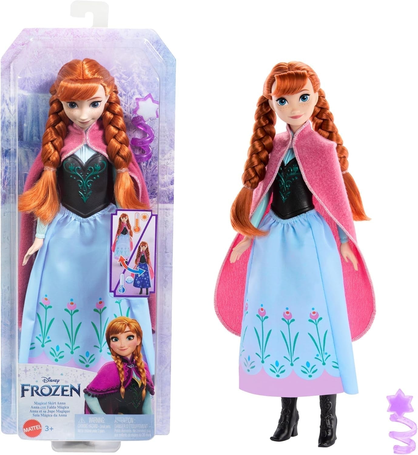 Mattel DISNEY Frozen The Ice Queen Anna Doll - fustă magică cu efect de schimbare a culorilor, activabilă cu ajutorul baghetei cu fulgi de zăpadă și apă, inclusiv periuță de păr, pentru copii de la 3 ani, HTG24 Papusi Naty Shop Titlu implicit
