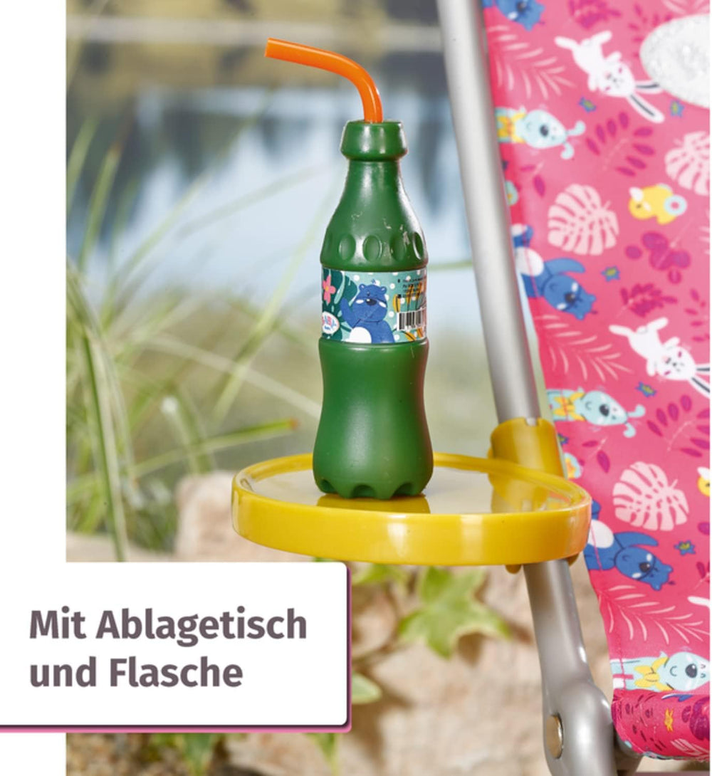 BABY born 832790 Weekend Fishing - Set de accesorii pentru păpuși pentru pescuit cu șezlong cu imprimeu viu, măsuță laterală, sticlă, coșuleț, rățuște și undiță, precum și cămașă lungă roz, Roz