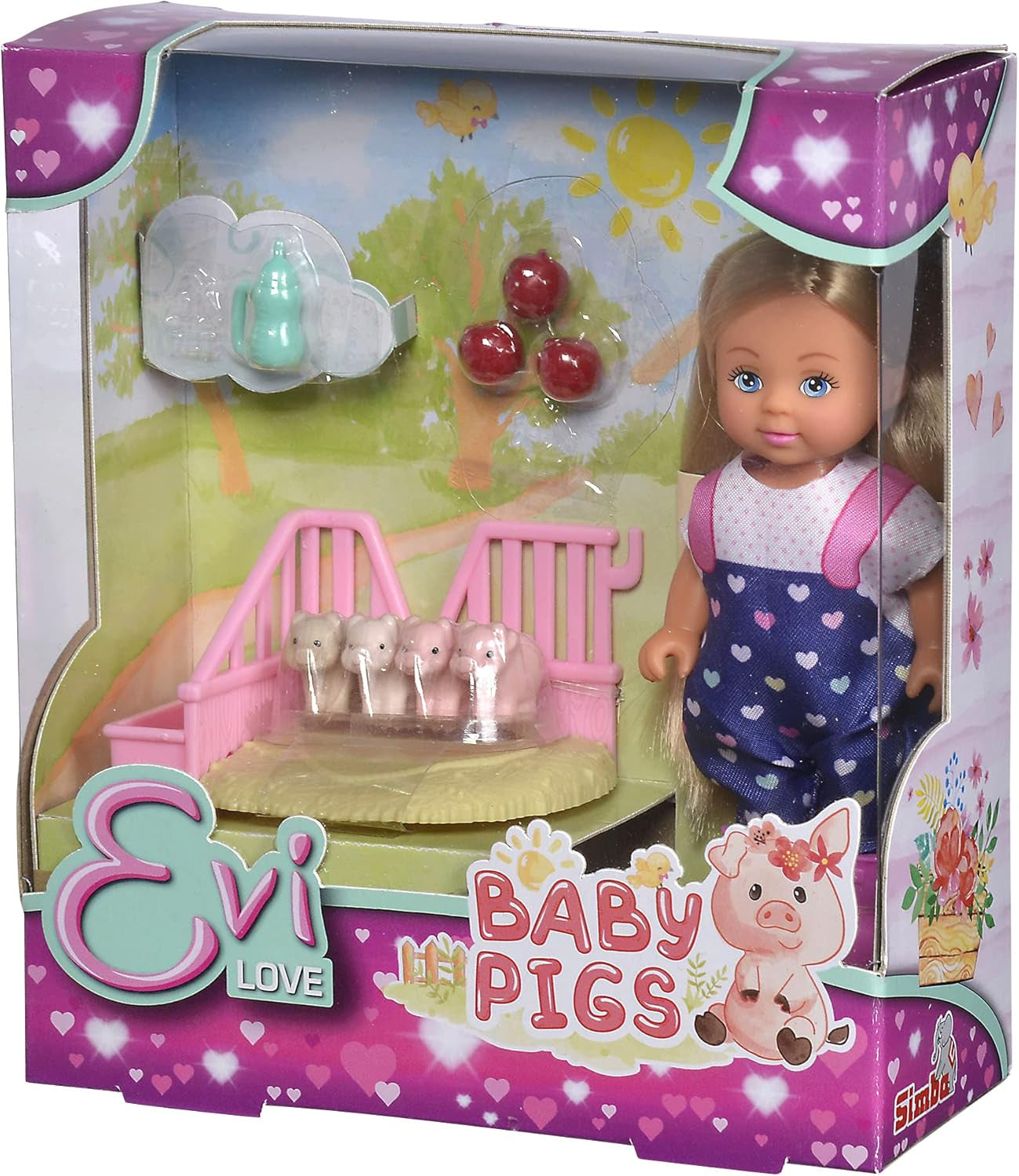 Simba 105733598 - Evi Love Baby Pigs, Puppe mit süßer Latzhose und Vier Babyschweinen, mit Äpfel, Trinkflasche und Gehege, 12cm Spielpuppe, ab 3 Jahren
