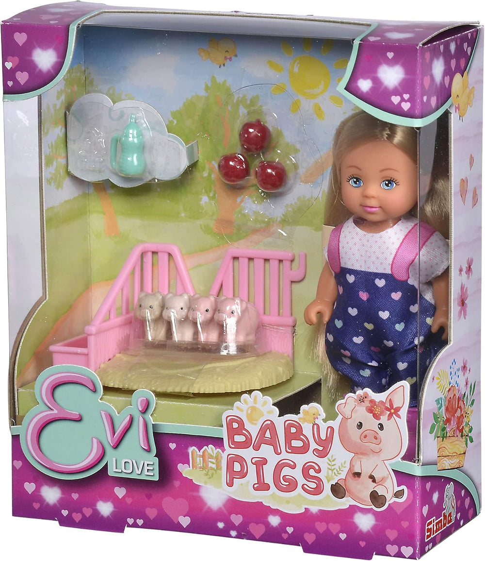 Simba 105733598 - Evi Love Baby Pigs, Puppe mit süßer Latzhose und Vier Babyschweinen, mit Äpfel, Trinkflasche und Gehege, 12cm Spielpuppe, ab 3 Jahren
