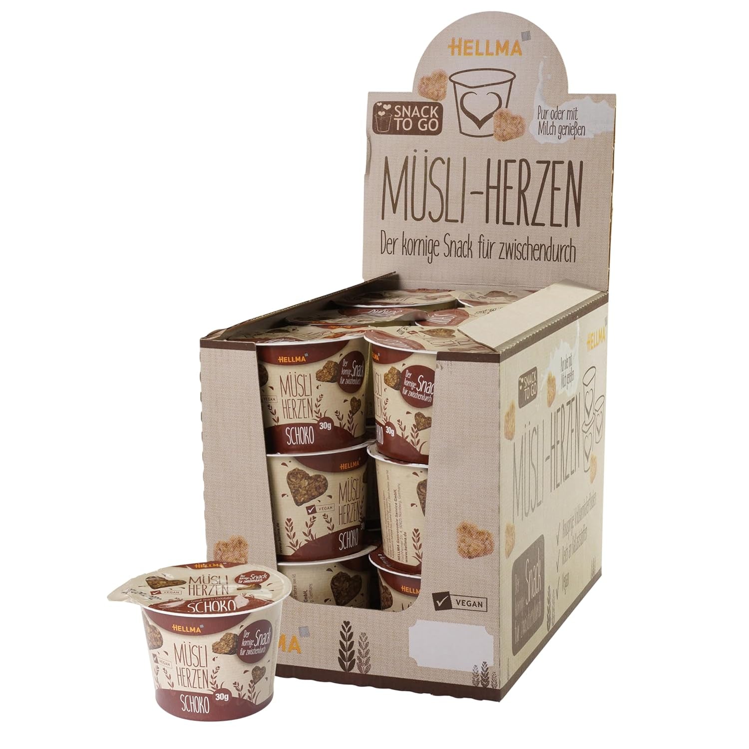 HELLMA Hearts with Muesli and Chocolate - 18 servings, 30 g each - Oatmeal covered with chocolate in the shape of a heart, takeaway cups