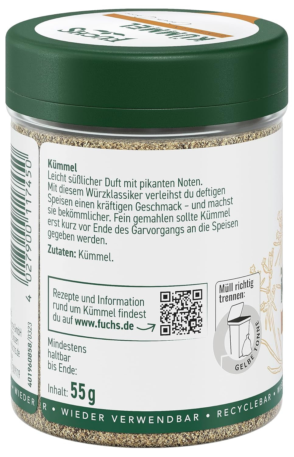 Fuchs Gewürze - Kümmel gemahlen - klassisches Gewürze für daftige Gerichte wie Chili con Carne - natural ingredients - 55 g in wiederverwendbarer, recyclebarer Dose