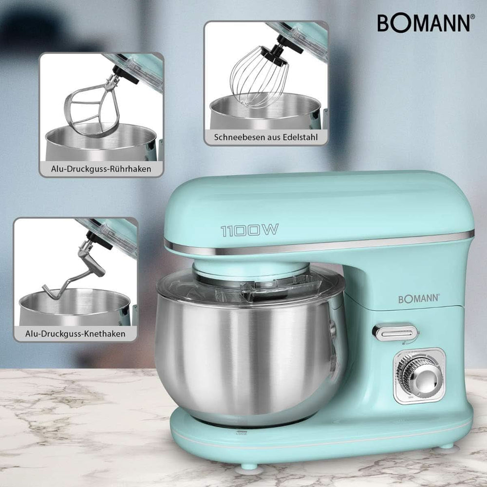 Bomann® Retro Küchenmaschine Zum Backen | Knetmaschine 5L |Starker 1100W Motor | Teigmaschine Inkl. Haken & Schneebesen | Retro Teigknetmaschine Spritzschutz Mit Nachfüllöffnung – KM 6030 CB Mint-Grün Mama si Copilul Naty Shop