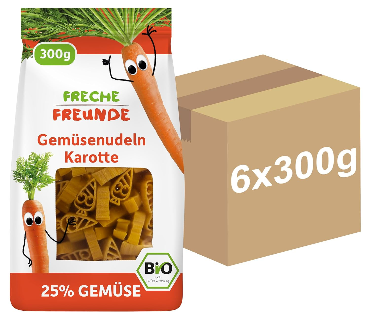 Freche Freunde Organic Vegetable Noodles 'Carrot' 25% Vegetable Content Vegan 6 Pack (6 x 300g)