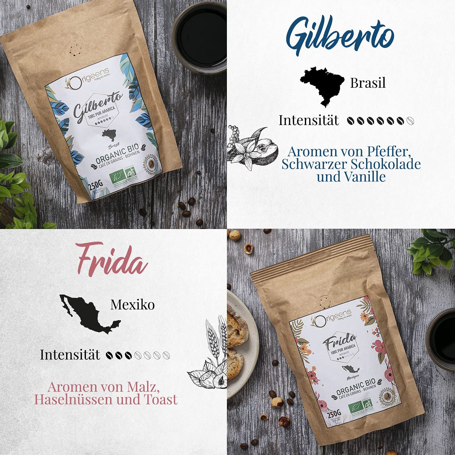ORIGEENS Bio Kaffeebohnen Probierset 1kg | Premium Bio Arabica Kaffee Ganze Bohnen Set 4x250g | Traditionelle Röstung | Kaffee Geschenkset