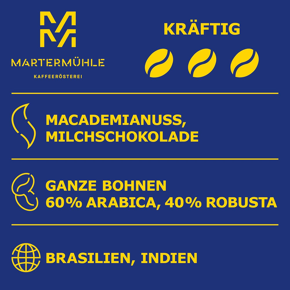 Boabe de espresso Martermühle Cioccolato 500g Tare | Arabica/Robusta | Arome: Nuci de macadamia, ciocolată cu lapte | Boabe de espresso întregi prăjite ușor, aciditate scăzută