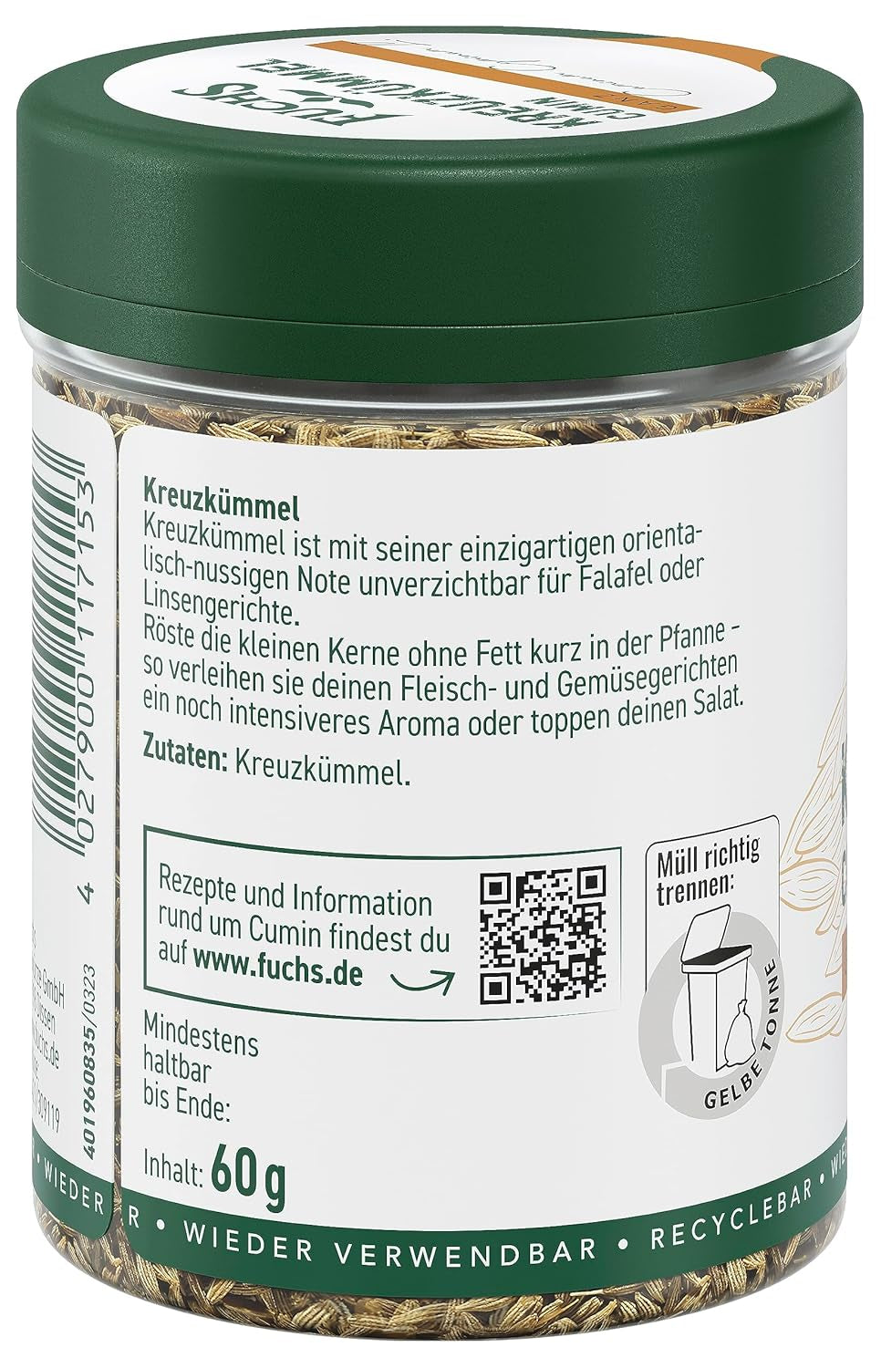 Fuchs Gewürze - Kreuzkümmel ganz - orientalisch-nussige Note für Falafel und Linsengerichte - natural ingredients - 60 g in wiederverwendbarer, recyclebarer Dose