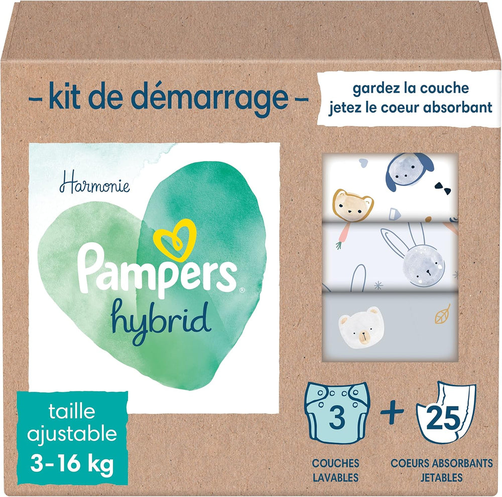 Pampers - Harmony Hybrid Starter Pack, 3 Washable Diapers + 25 Disposable Top Layers - 1 Pack