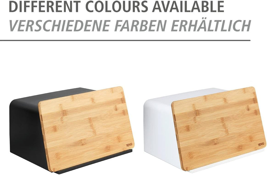 WENKO coș de pâine cu placă de bambus Kubo, depozitare versatilă a pâinii cu capac și placă de tăiere integrată din bambus, cutie de depozitare a alimentelor, depozitare durabilă a pâinii, 35 x 20,5 x 26 cm, negru/natură Cutii depozitare alimente Naty Shop