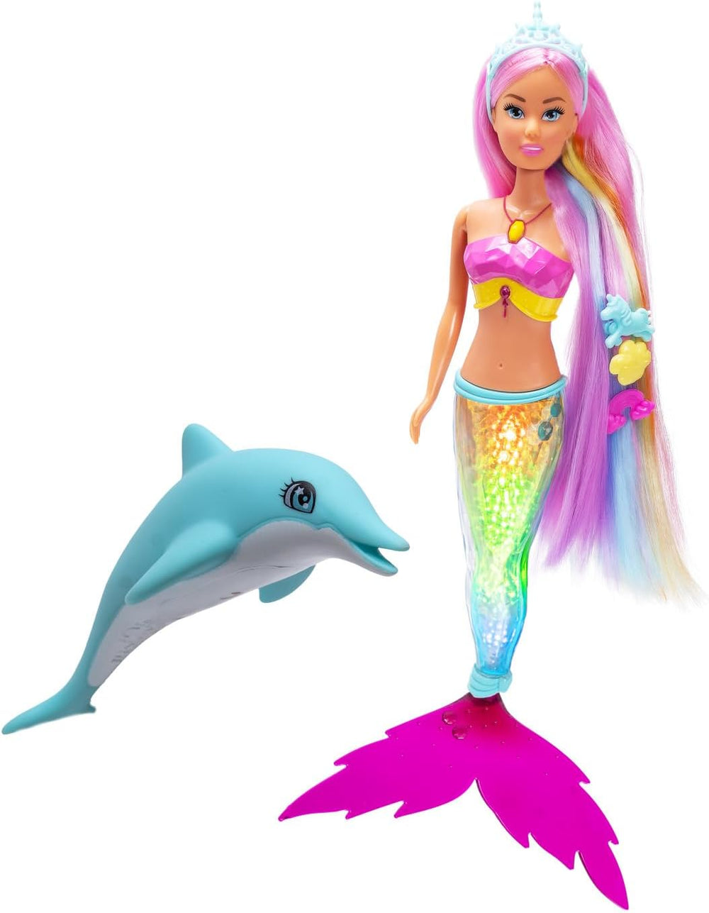 Simba Steffi Love Mermaizing – Păpușă sirenă cu funcție de lumină curcubeu, păr extra lung, figurină delfin și agrafe de păr, 39 cm înălțime, funcție Try-Me, vârste 3+