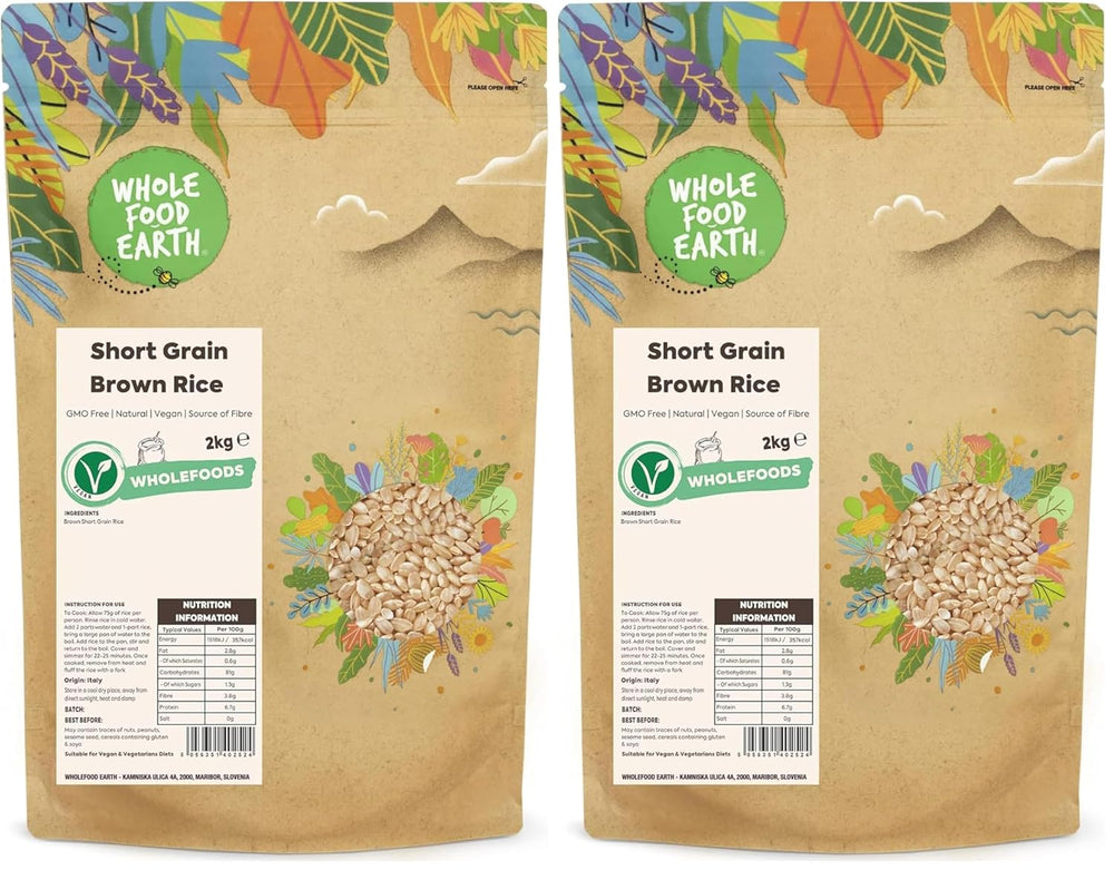 Wholefood Earth short grain brown rice - non-GMO - natural - vegan - dairy-free - no added sugar, 2 kg