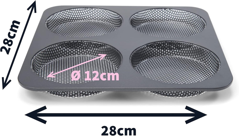 Hamburgerbrötchen, Perforiert, Antihaftbeschichte, 4 Runde Mulden Mit Je 12 Cm, Pfannengröße 28 X 28 Cm, 2.5 Cm Tief, Mittelgroß, Schwarz Molds and trays for baking Naty Shop