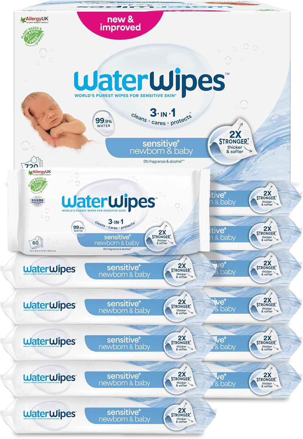 Șervețele umede WaterWipes Sensitive+ pentru nou-născuți și bebeluși, 720 bucăți (12 pachete), curățare, îngrijire, protecție 3 în 1, 99,9% apă, fără parfum