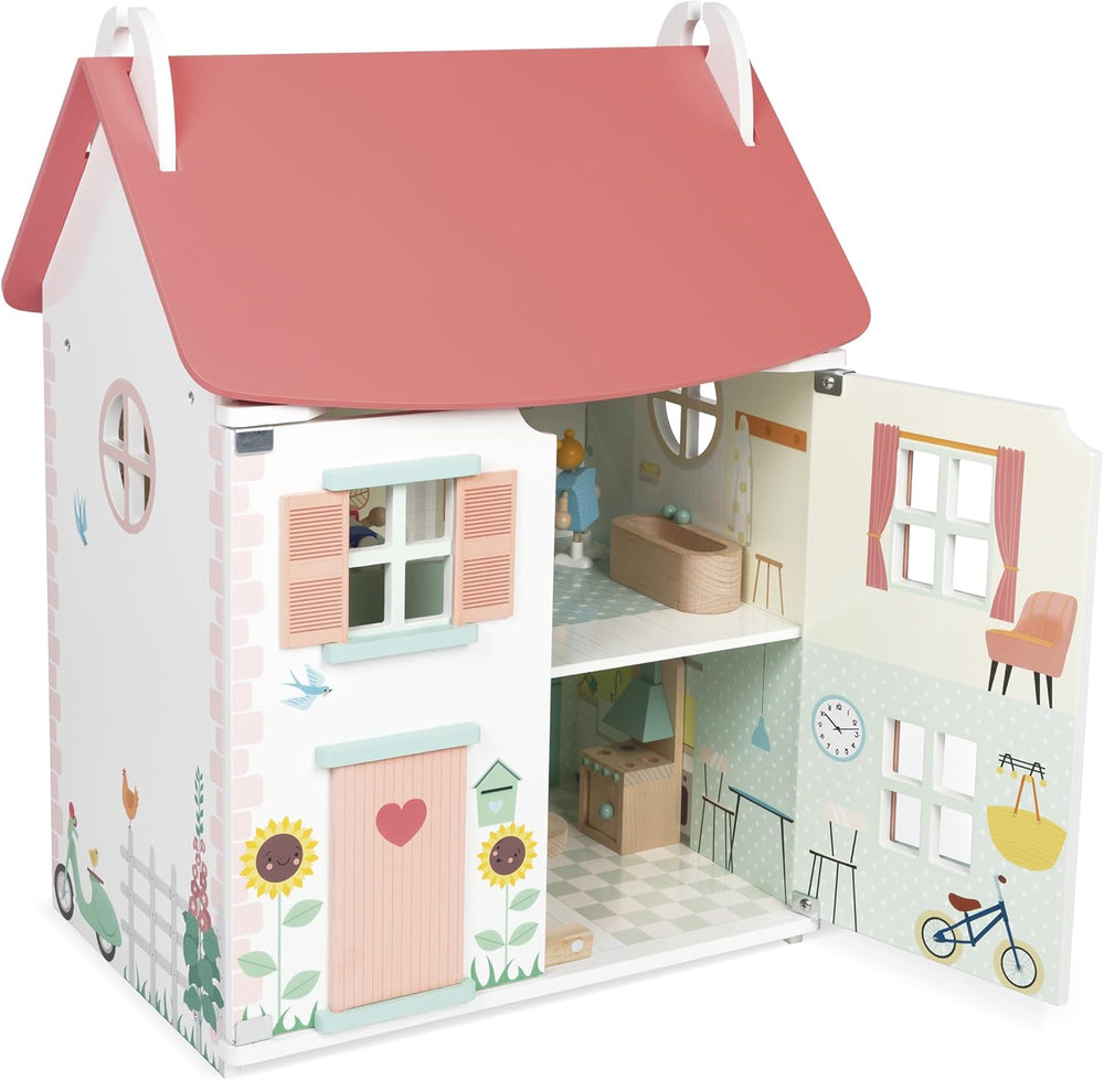 Janod – Prima mea casă de păpuși din lemn – 10 accesorii – Mobilier pentru păpuși – Uși magnetice și acoperiș detașabil – Jucărie din lemn certificat FSC – Vârste 3+