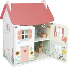 Janod – Prima mea casă de păpuși din lemn – 10 accesorii – Mobilier pentru păpuși – Uși magnetice și acoperiș detașabil – Jucărie din lemn certificat FSC – Vârste 3+