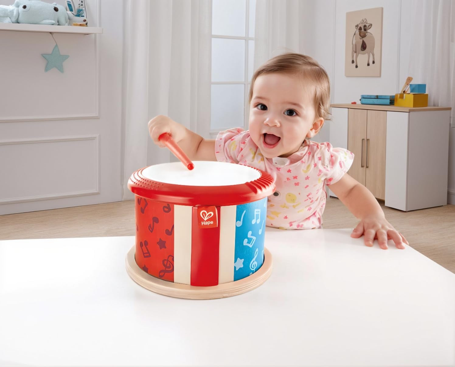 Hape tambur din lemn cu două fețe | jucărie muzicală pentru copii mici Jucarii Bebe Naty Shop