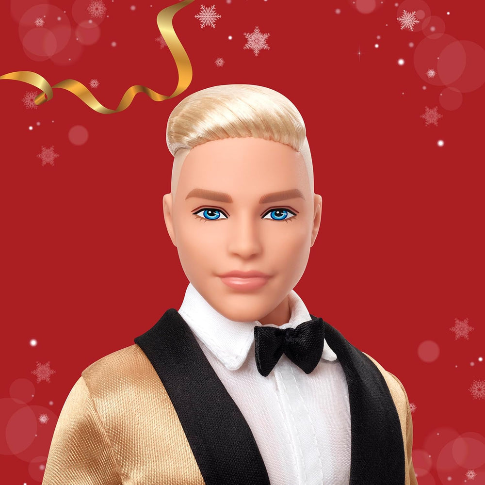 Barbie Signature 2025 Holiday Blonder Ken Modepuppe zum Sammeln in komplettem Anzug mit Goldener Jacke in Einer Verpackung zum Ausstellen und mit Puppenständer, JGK55
