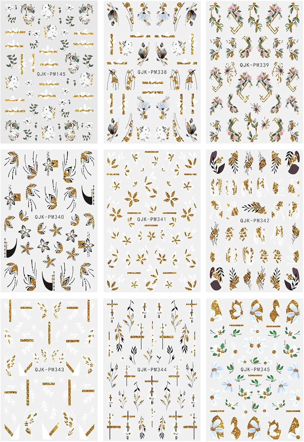 JMEOWIO Nagelsticker Blumen Glitzer 9 Blatt Nail Art Sticker Selbstklebend Nagelaufkleber Frühling Sommer Blumen Dekoration Nageldesign Zubehör