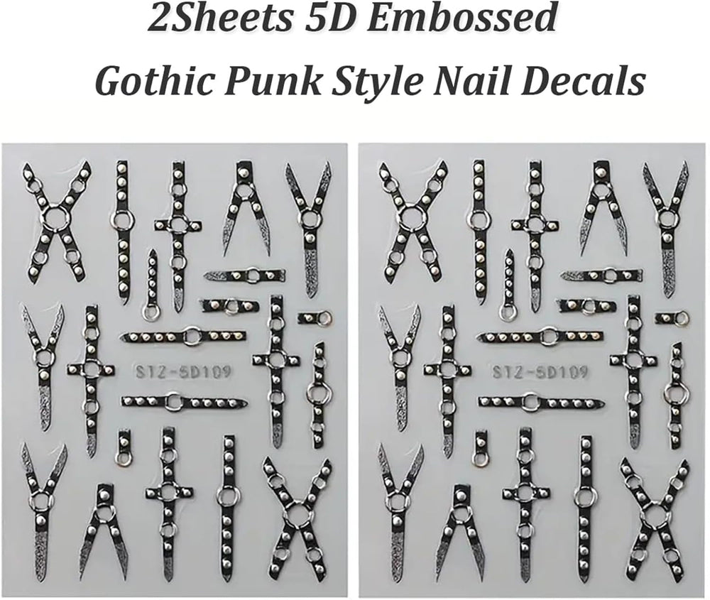 2PCS 5D Embossed Gothic Punk Nagelsticker, Nagel Sticker Selbstklebend Kreuz Und X-Form Halloween Nagelaufkleber, Nageldesign Zubehör Für Damen Nail Art