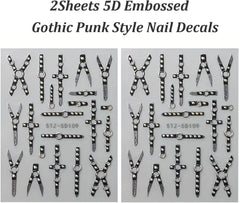 2PCS 5D Embossed Gothic Punk Nagelsticker, Nagel Sticker Selbstklebend Kreuz Und X-Form Halloween Nagelaufkleber, Nageldesign Zubehör Für Damen Nail Art