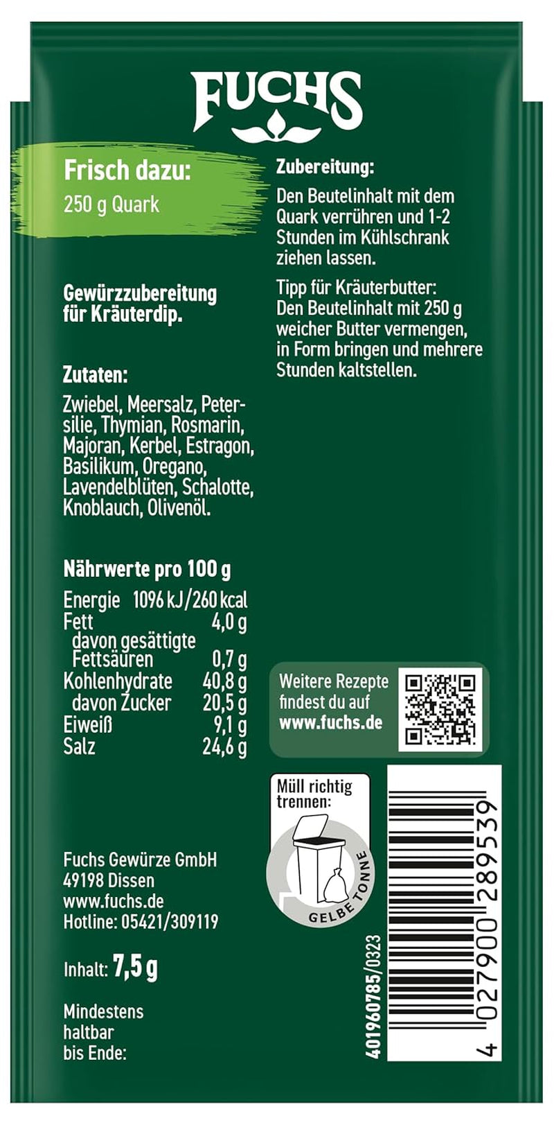 Fuchs Gewürze - Let's dip! Kräuter der Provence Gewürzzubereitung, Gewürz für Kräuterquarkdip, 7.5 g in the bag