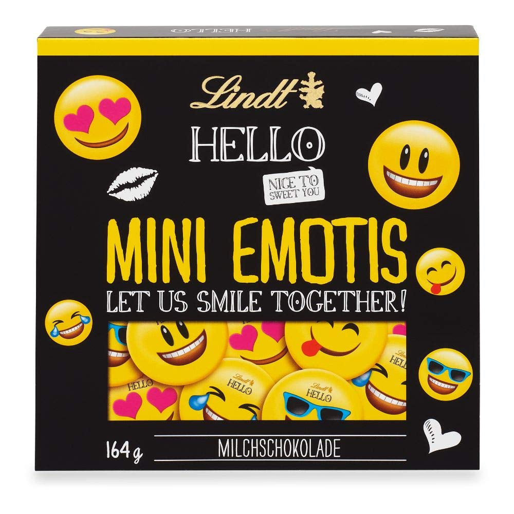 Chocolate assortment (37 LINDOR balls, 24 Hello Mini sticks, 10 Mini Fioretto), chocolate gift (1 x 815 g) and HELLO Mini Emoti, milk chocolate in 5 emoticon designs, 164 g