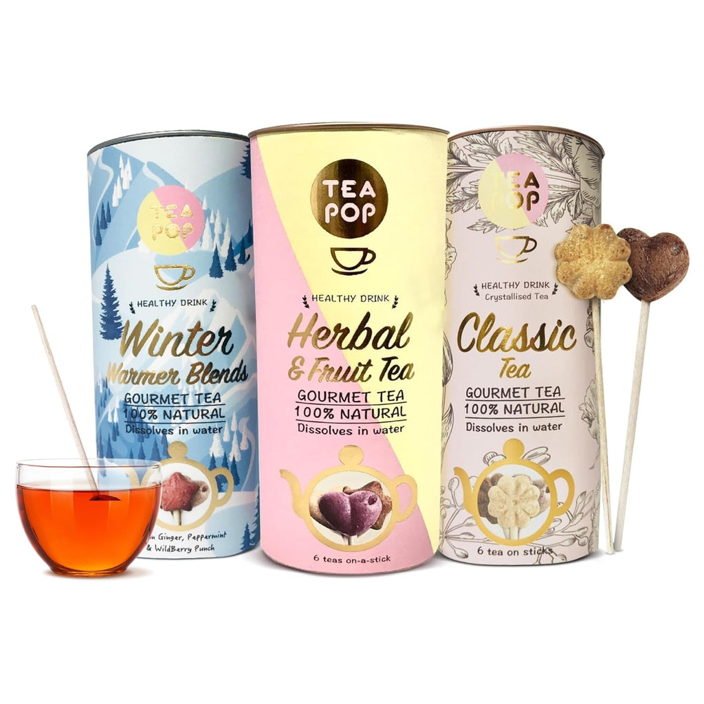 Ceaiuri din plante și fructe Tea-Pop, 6 stickuri Tea-Pop 100% naturale, ceaiuri gourmet vegane cu lămâie și ghimbir, punch de fructe, caramel crocant, ușor solubile în apă