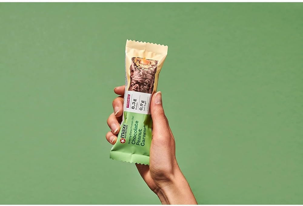 MaxiNutrition Creamy vegan protein bar with chocolate, peanuts and caramel 12x45g - vegan protein bar, 18% protein, 8.3g per bar, low sugar content (0.9g), no added sugar, no artificial flavors