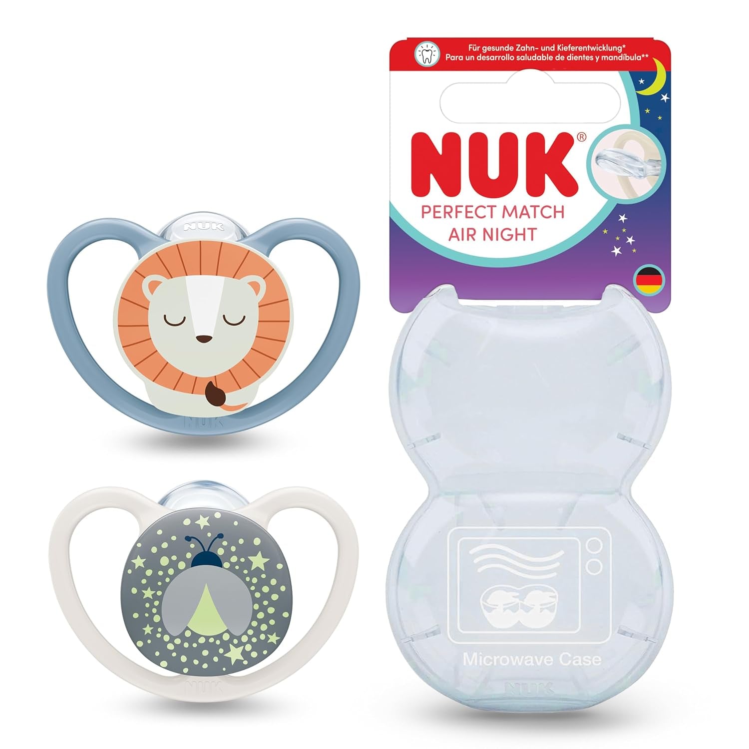 Suzete NUK Perfect Match Air Night pentru bebeluși | 0-6 luni | Suzete care strălucesc în întuneric, care promovează circulația aerului și previn salivarea | Acceptare 95% de către bebeluși** | Lion | Pachet de 2