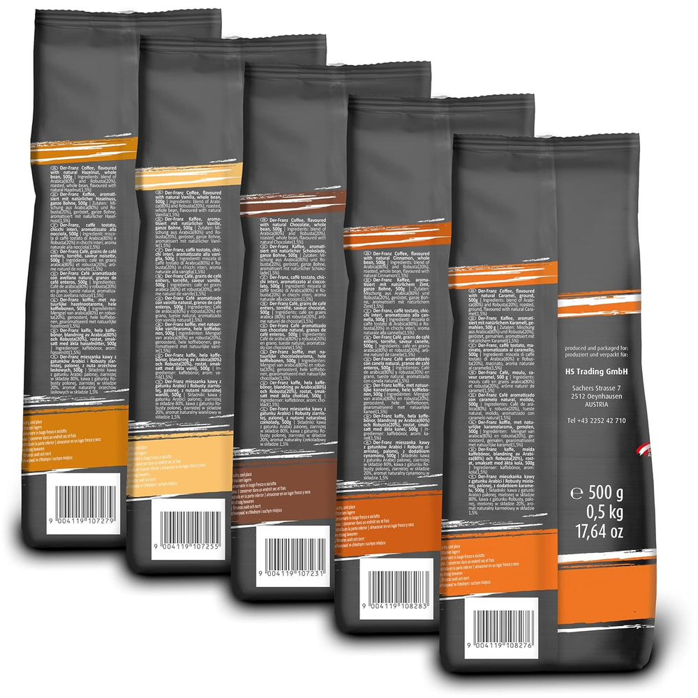 Der-Franz Kaffee Pack, ganze Bohne, aromatisiert, 5 x 500 g (1 x Haselnuss, 1 x Vanille, 1 x Schokolade, 1 x Zimt, 1 x Karamell)