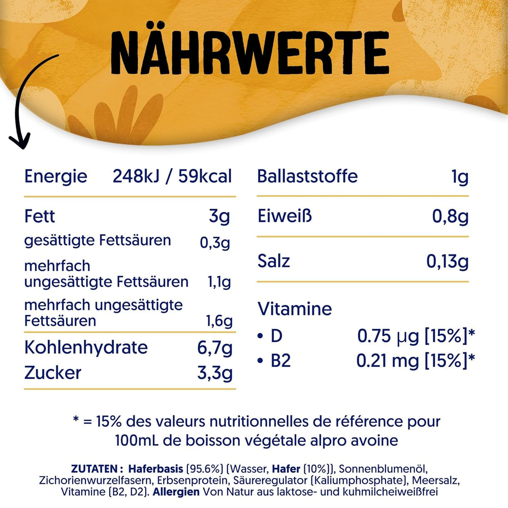 Alpro Barista Haferdrink – Zum Aufschäumen – Vegan und milchfrei – Von Natur aus laktosefrei – Reich an Ballaststoffen, Calcium und Vitaminen – 8 x 1 L – Haltbar