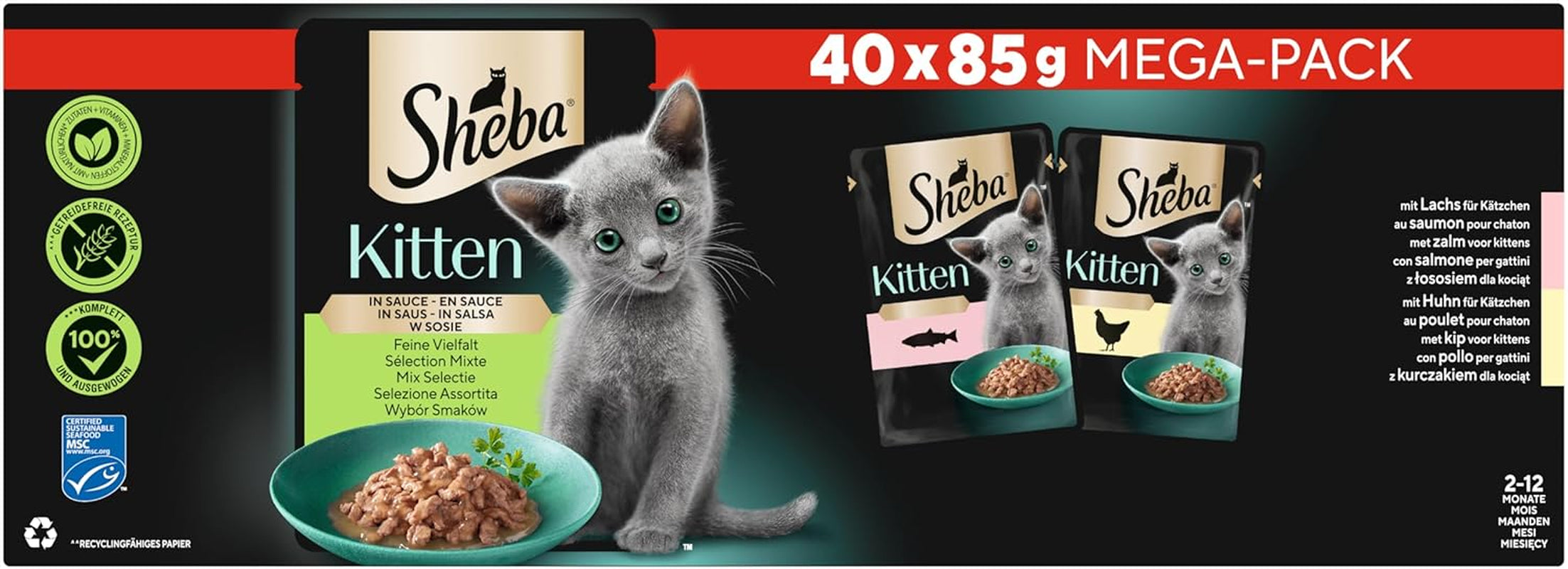 Hrană umedă Sheba pentru pisoi, în pliculețe variate, cu somon (MSC) și pui în sos, pachet multiplu 40x85g