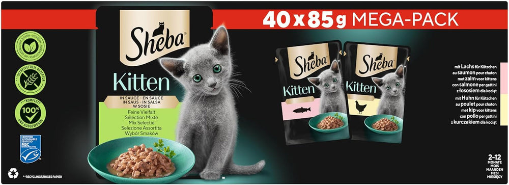 Hrană umedă Sheba pentru pisoi, în pliculețe variate, cu somon (MSC) și pui în sos, pachet multiplu 40x85g