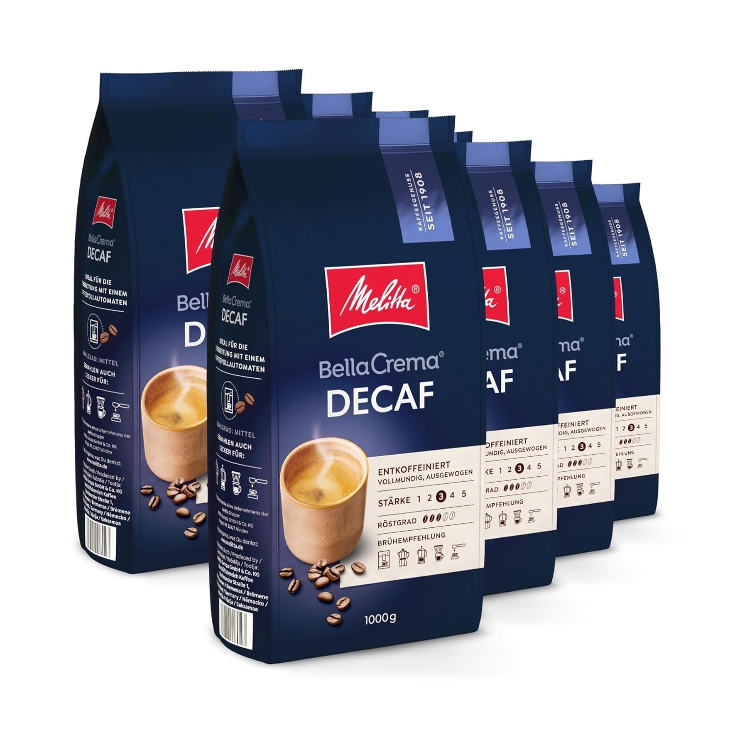 Melitta Bellacrema, boabe de cafea întregi Cafea Naty Shop 8 x 1 Kg Decaffeinato