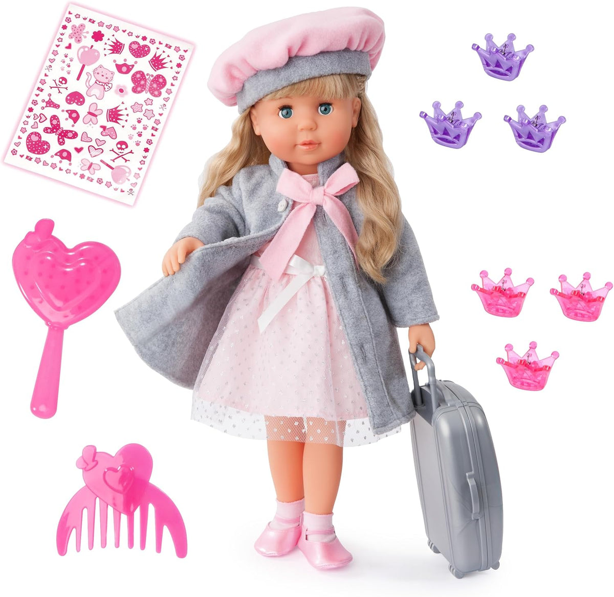 Bayer Design 94635AX Păpușă funcțională Charlene cu păr și ochi adormiți, vorbește și cântă 90 de propoziții, 2 poezii și 8 cântece, 46 cm, Păpușă cu multe accesorii, 1,30 kg, roz, gri